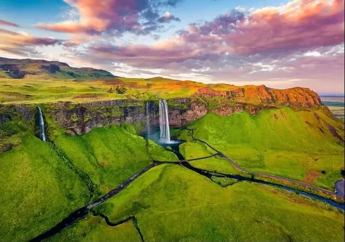 Framed Print : View from flying drone. Captivating summer view of Seljalandsfoss waterfall Framed Print : View from flying drone. Captivating summer view of Seljalandsfoss waterfall