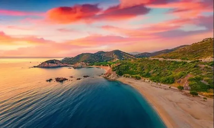 Framed Print : View from flying drone of Cheromylos beach Framed Print : View from flying drone of Cheromylos beach