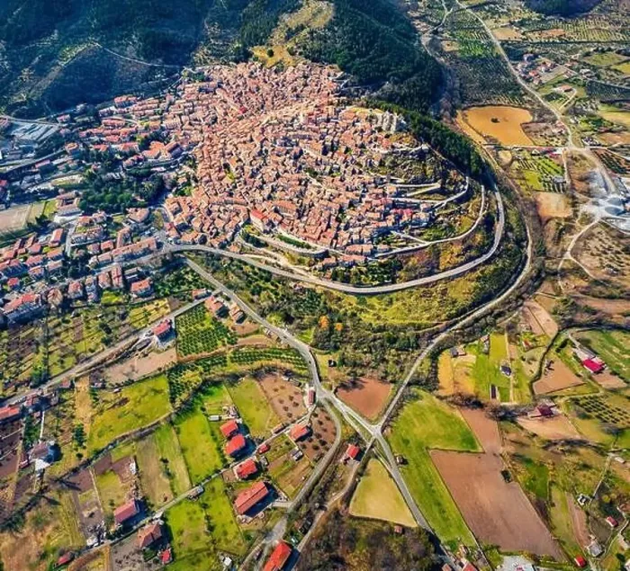 Framed Print : View from flying drone. Colorful spring cityscape of Morano Calabro town Framed Print : View from flying drone. Colorful spring cityscape of Morano Calabro town