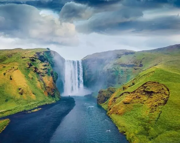 Framed Print : View from flying drone. Dramatic midnight sun view of Skogafoss Waterfall