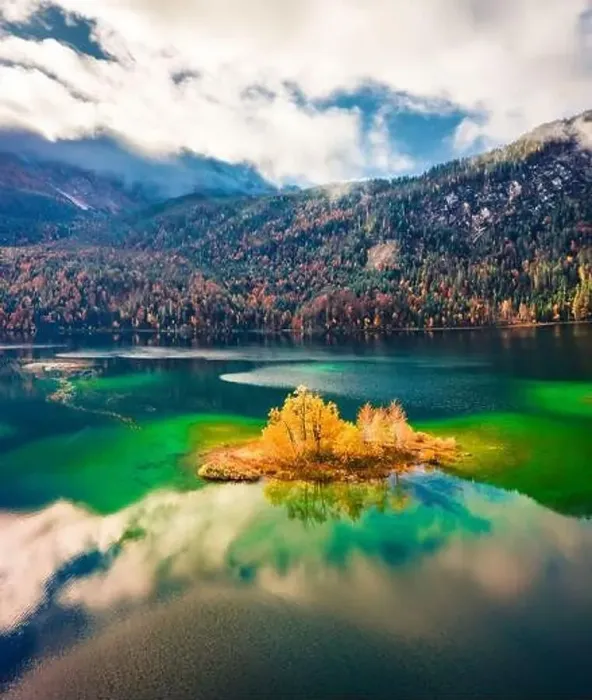 Framed Print : View from flying drone. Dramatic morning view of Eibsee lake with Zugspitze mountain range on background Framed Print : View from flying drone. Dramatic morning view of Eibsee lake with Zugspitze mountain range on background