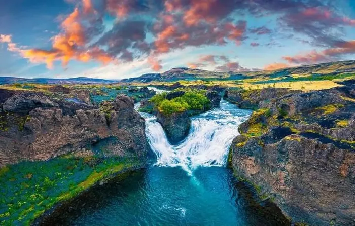 Framed Print : View from flying drone. Dramatic sunset on Hjalparfoss Waterfall Framed Print : View from flying drone. Dramatic sunset on Hjalparfoss Waterfall