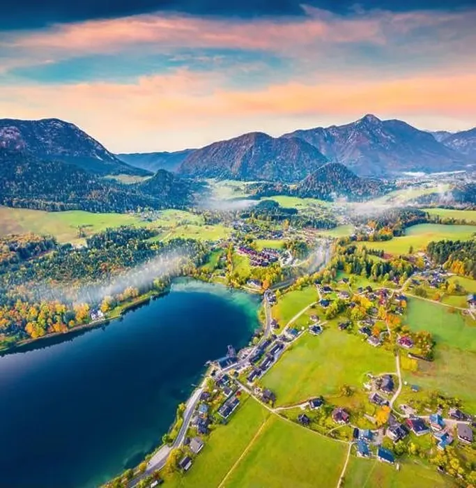 Framed Print : View from flying drone. Exciting morning scene of Grundlsee lake Framed Print : View from flying drone. Exciting morning scene of Grundlsee lake