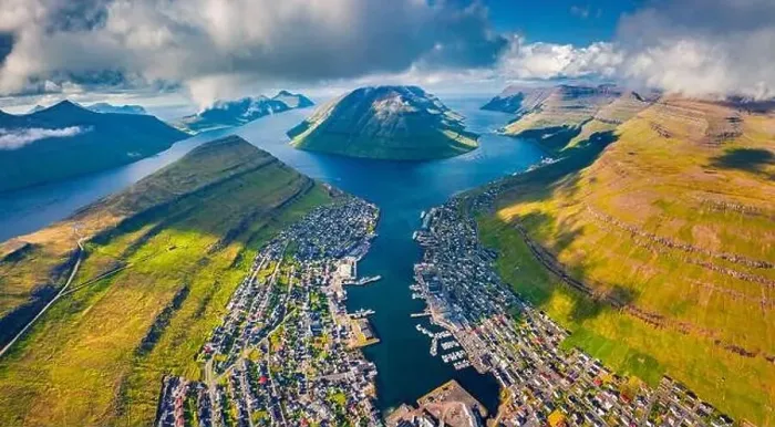 Framed Print : View from flying drone. Exciting summer cityscape of Klaksvik town Framed Print : View from flying drone. Exciting summer cityscape of Klaksvik town