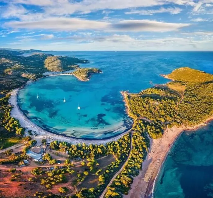 Framed Print : View from flying drone. Exotic spring view of Rondinara beach Framed Print : View from flying drone. Exotic spring view of Rondinara beach