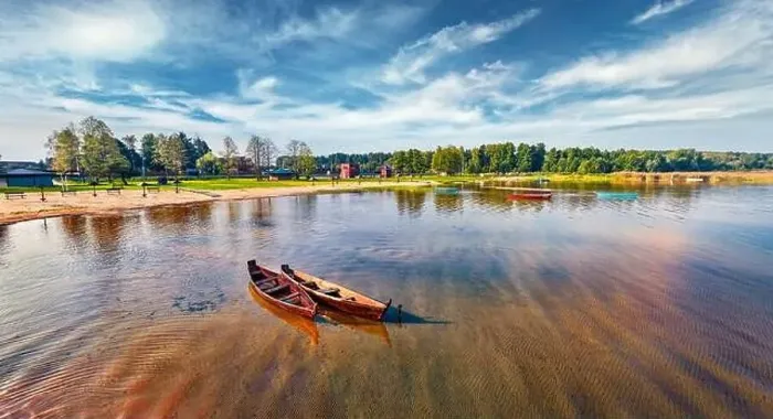 Framed Print : View from flying drone of two fishing boats on the Svityaz lake Framed Print : View from flying drone of two fishing boats on the Svityaz lake