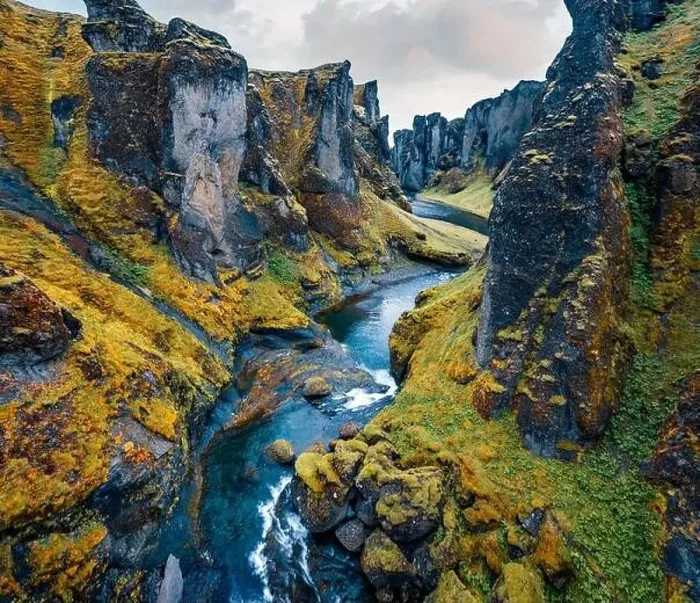 Framed Print : View from flying drone of Fjadrargljufur canyon and river Framed Print : View from flying drone of Fjadrargljufur canyon and river