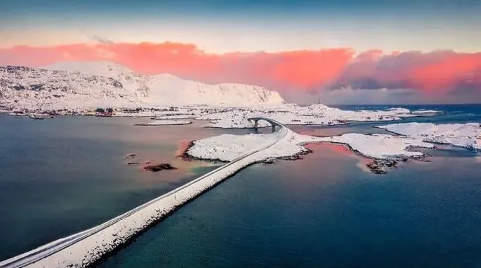 Framed Print : View from flying drone of Fredvang bridge