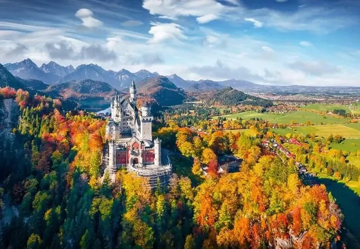 Framed Print : View from flying drone. Gorgeous autumn scene of Neuschwanstein Castle Framed Print : View from flying drone. Gorgeous autumn scene of Neuschwanstein Castle