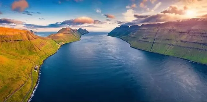 Framed Print : View from flying drone. Gorgeous summer sunrise on Kalsoy island Framed Print : View from flying drone. Gorgeous summer sunrise on Kalsoy island