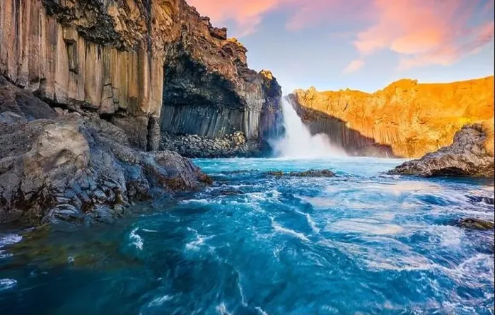 Framed Print : View from flying drone. Great summer sunrise on Ingvararfoss waterfall Framed Print : View from flying drone. Great summer sunrise on Ingvararfoss waterfall