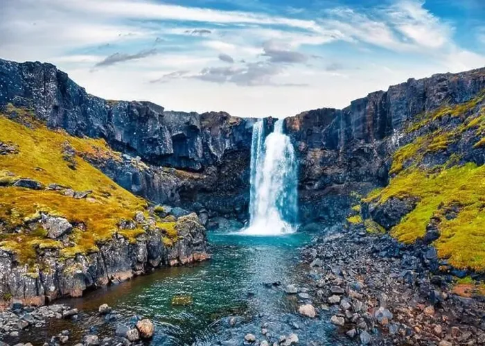 Framed Print : View from flying drone of Gufufoss (Gufu Waterfall) Framed Print : View from flying drone of Gufufoss (Gufu Waterfall)