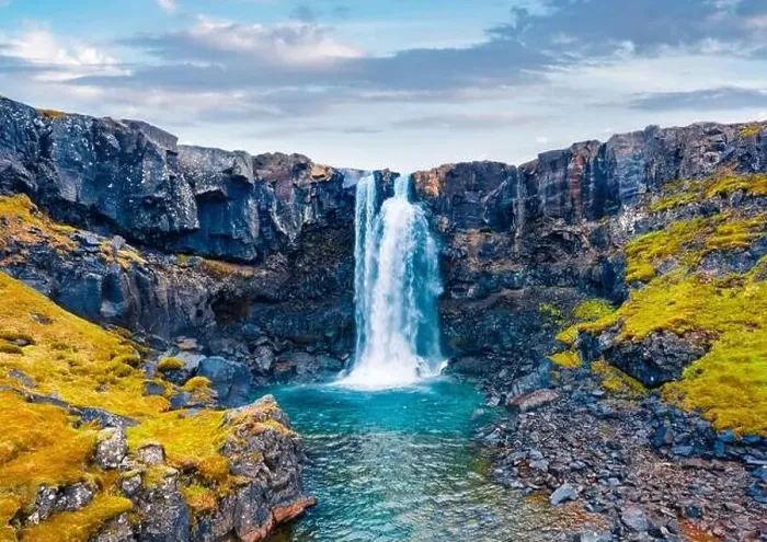 Framed Print : View from flying drone of Gufufoss (Gufu Waterfall) Framed Print : View from flying drone of Gufufoss (Gufu Waterfall)