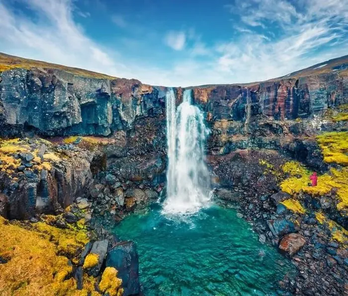Framed Print : View from flying drone of Gufufoss (Gufu Waterfall) Framed Print : View from flying drone of Gufufoss (Gufu Waterfall)
