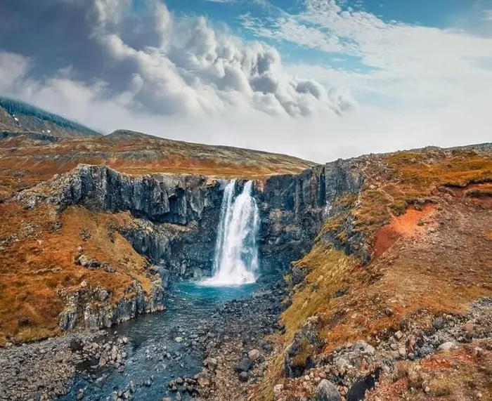 Framed Print : View from flying drone of Gufufoss (Gufu Waterfall) Framed Print : View from flying drone of Gufufoss (Gufu Waterfall)
