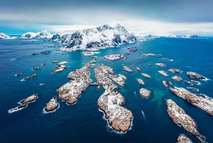Framed Print : View from flying drone of Henningsvaer town Framed Print : View from flying drone of Henningsvaer town