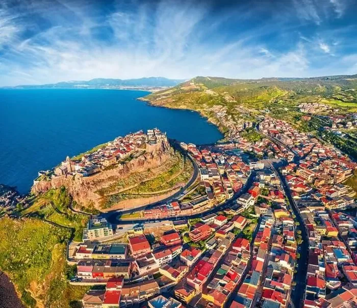 Framed Print : View from flying drone. Impressive summer cityscape of Castelsardo port Framed Print : View from flying drone. Impressive summer cityscape of Castelsardo port