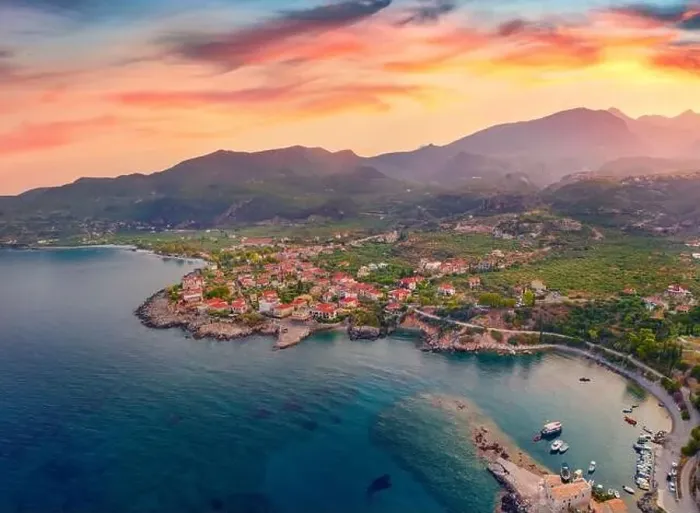 Framed Print : View from flying drone of Kardamyli port Framed Print : View from flying drone of Kardamyli port