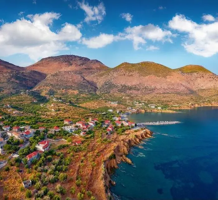 Framed Print : View from flying drone of Kotronas village Framed Print : View from flying drone of Kotronas village