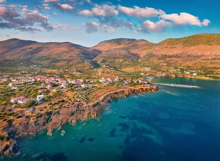 Framed Print : View from flying drone of Kotronas village Framed Print : View from flying drone of Kotronas village