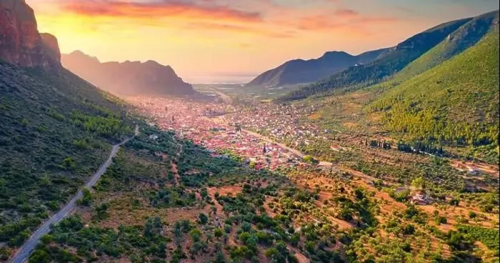 Framed Print : View from flying drone of Leonidio town Framed Print : View from flying drone of Leonidio town