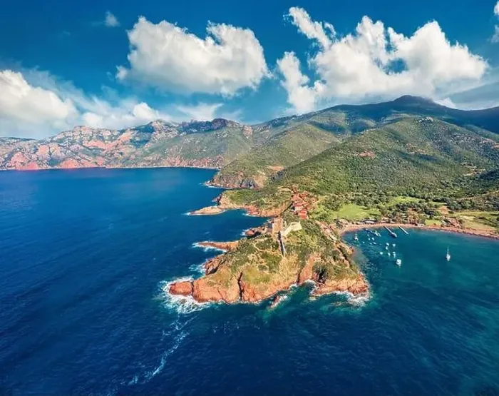 Framed Print : View from flying drone. Majestic morning view of Port de Girolata - place Framed Print : View from flying drone. Majestic morning view of Port de Girolata - place