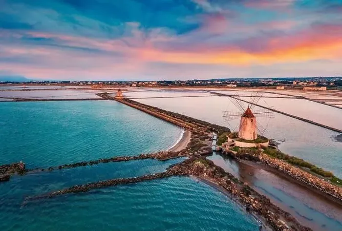 Framed Print : View from flying drone. Majestic spring sunset on the popular tourist attraction - Imbarcadero Storico Mothia Framed Print : View from flying drone. Majestic spring sunset on the popular tourist attraction - Imbarcadero Storico Mothia