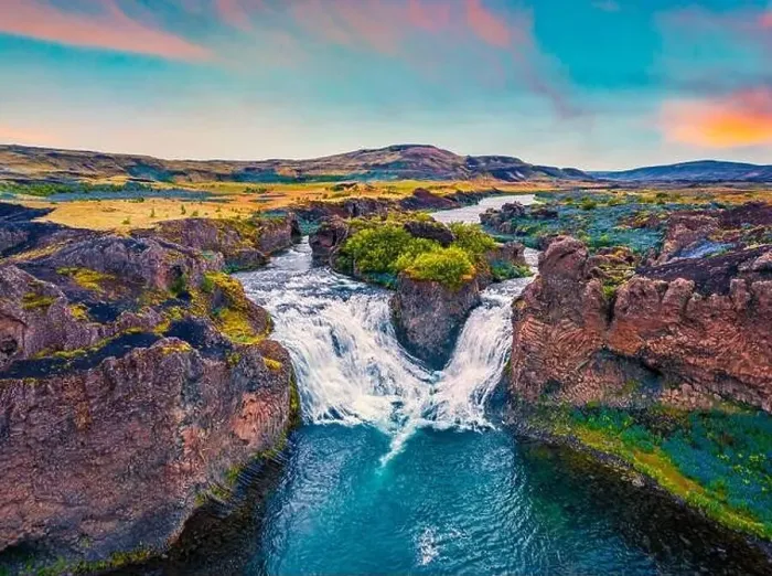 Framed Print : View from flying drone. Majestic summer sunset on Hjalparfoss Waterfall Framed Print : View from flying drone. Majestic summer sunset on Hjalparfoss Waterfall