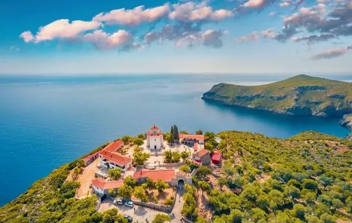 Framed Print : View from flying drone of Moni Evaggelistrias church Framed Print : View from flying drone of Moni Evaggelistrias church