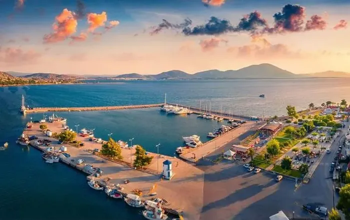 Framed Print : View from flying drone of Nea Artaki port Framed Print : View from flying drone of Nea Artaki port