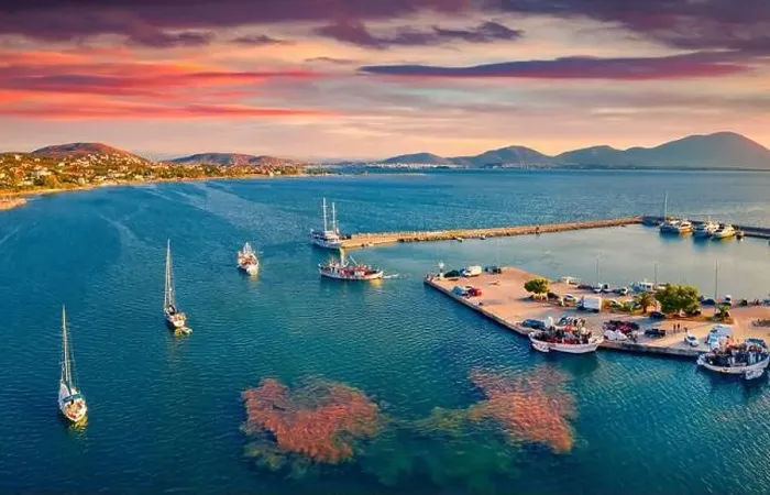 Framed Print : View from flying drone of Nea Artaki port Framed Print : View from flying drone of Nea Artaki port