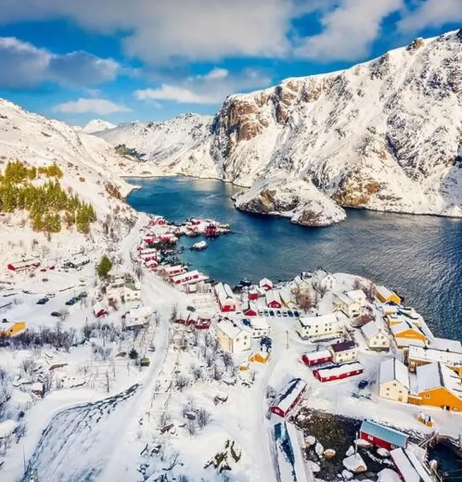 Framed Print : View from flying drone of Nusfjord town