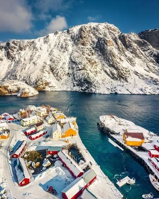 Framed Print : View from flying drone of Nusfjord town Framed Print : View from flying drone of Nusfjord town