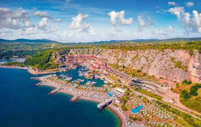 Framed Print : View from flying drone opf Marina di Portopiccolo Framed Print : View from flying drone opf Marina di Portopiccolo