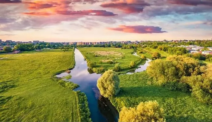Framed Print : View from flying drone of outskirts of Ternopil city Framed Print : View from flying drone of outskirts of Ternopil city