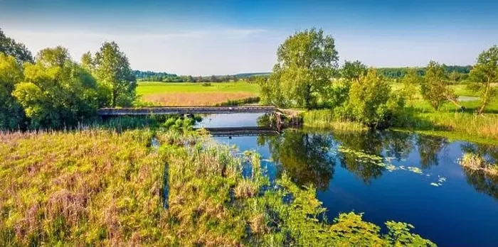 Framed Print : View from flying drone. Panoramic morning view of bridge over Seret river Framed Print : View from flying drone. Panoramic morning view of bridge over Seret river