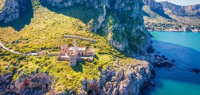Framed Print : View from flying drone. Panoramic morning view of Zafferano cape with lighthouse Framed Print : View from flying drone. Panoramic morning view of Zafferano cape with lighthouse