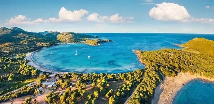 Framed Print : View from flying drone. Panoramic summer view of Rondinara beach Framed Print : View from flying drone. Panoramic summer view of Rondinara beach