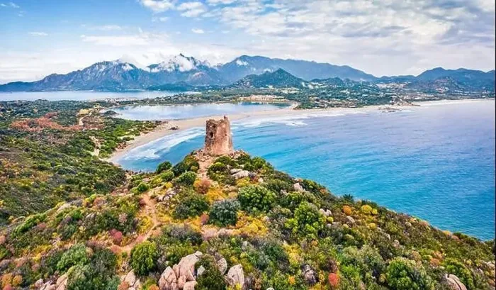 Framed Print : View from flying drone. Perfect spring scene of Torre di Porto Giunco tower on Carbonara cape Framed Print : View from flying drone. Perfect spring scene of Torre di Porto Giunco tower on Carbonara cape