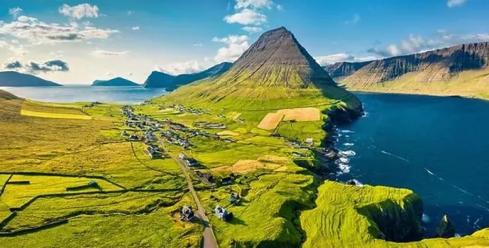 Framed Print : View from flying drone. Perfect summer scene of Vidareidi village Framed Print : View from flying drone. Perfect summer scene of Vidareidi village