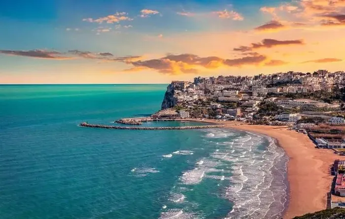 Framed Print : View from flying drone. Picturesque summer cityscape of Peschici town Framed Print : View from flying drone. Picturesque summer cityscape of Peschici town