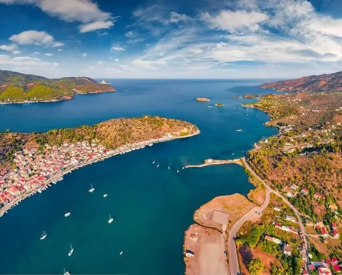 Framed Print : View from flying drone of Poros town Framed Print : View from flying drone of Poros town