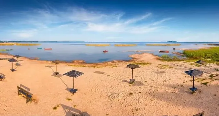 Framed Print : View from flying drone of empty publik beach of Svityaz lake Framed Print : View from flying drone of empty publik beach of Svityaz lake