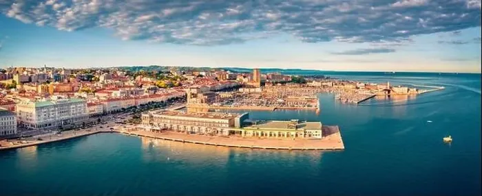 Framed Print : View from flying drone of quay of Trieste city Framed Print : View from flying drone of quay of Trieste city