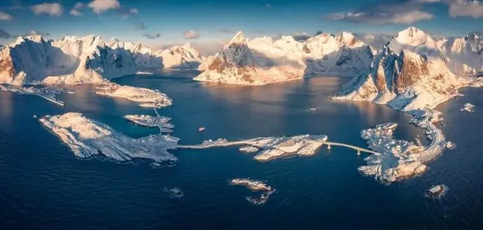 Framed Print : View from flying drone of Reine and Sakrisoy villeges Framed Print : View from flying drone of Reine and Sakrisoy villeges