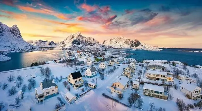Framed Print : View from flying drone of Reine village Framed Print : View from flying drone of Reine village