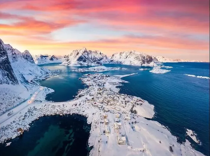Framed Print : View from flying drone of Reine villege Framed Print : View from flying drone of Reine villege
