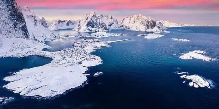 Framed Print : View from flying drone of Reine villege Framed Print : View from flying drone of Reine villege