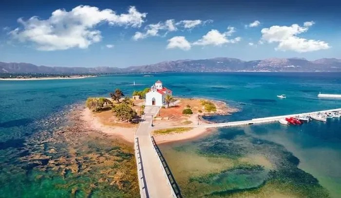Framed Print : View from flying drone of Saint Spiridon church in Elafonisos port Framed Print : View from flying drone of Saint Spiridon church in Elafonisos port