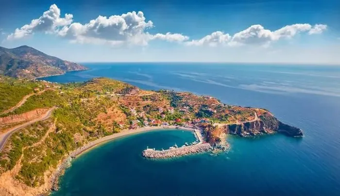 Framed Print : View from flying drone of Sampatiki port Framed Print : View from flying drone of Sampatiki port